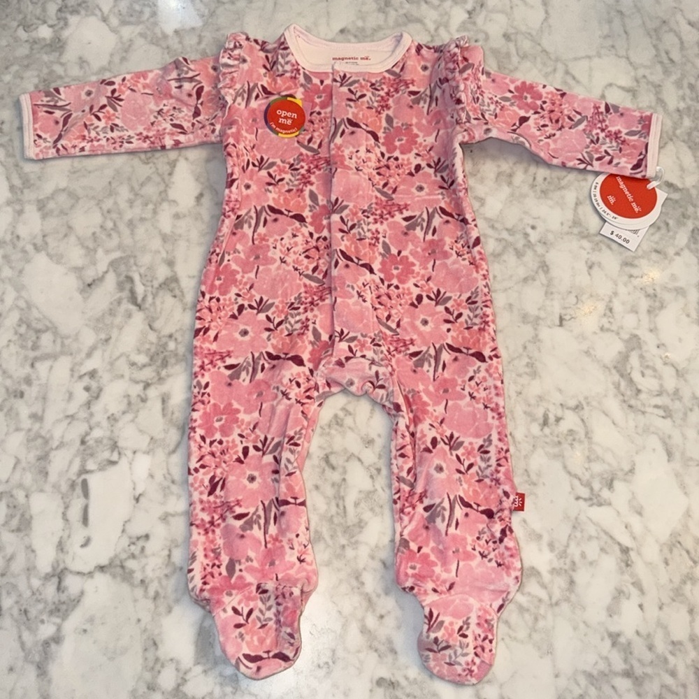 NWT Magnetic Me Pink and Purple Floral Ruffle Velour Footie 6/9M